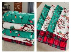 four folded towels are stacked on top of each other in different patterns and colors,