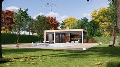 an artist's rendering of a pool house in the middle of a park with trees and grass