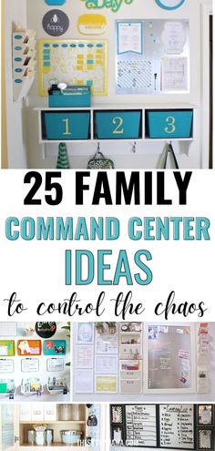 This image showcases various family command center ideas, including a teal and yellow setup with bins, hooks, and organizational boards, along with additional designs featuring whiteboards, chalkboards, and baskets for small spaces. Perfect for busy families looking to stay organized. Organization Ideas For The Home Diy, Family Command Center Ideas, Command Center Ideas, Command Station, Command Center Organization, Diy Command Center, Command Center Kitchen, Command Centers, Center Organization