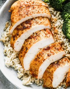 chicken, broccoli and rice in a white bowl