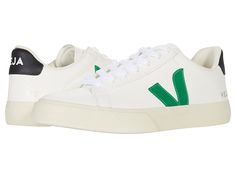 VEJA Campo - Women's Shoes : Extra White/Emeraude/Black : VEJA takes sustainability seriously. Click to read more about VEJA being a proud Certified B Corporation brand, as well as Leather Working Group Certified. The VEJA Campo sneaker will highlight your sporty-chic style with a genuine leather upper, leather and coated canvas overlay panels, and a low-profile silhouette. Lace-up design offers a secure fit. Round-toe silhouette. Padded collar and heel. Colorful logo accents at the tongue, side Spring Leather Sneakers With Logo, Spring Low-top Sneakers With Logo, Modern Sneakers With Logo For Spring, Modern Logo Sneakers For Spring, Green Sporty Sneakers For Everyday, Casual Sports Sneakers With Logo, Casual Logo Sneakers For Spring, Green Everyday Sneakers For Spring, Canvas Overlay