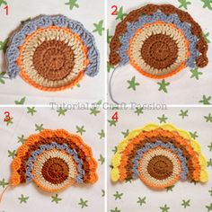 four pictures showing the steps to crochet a sunflower with yarn in it