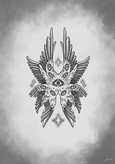 an owl with wings and stars in the middle of it's body, on a gray