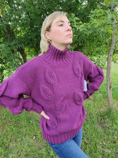 Hand knit purple wool sweater for women50% wool, 50% acrylic Oversized Wool Sweater, Chunky Knit Sweater, Sweater For Women, Purple Sweater, Chunky Knits Sweater, Wool Sweater, Wool Sweaters, Chunky Knit, Knit Sweater