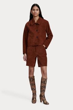 Neely Short Brown Workwear Shorts For Fall, Brown Shorts For Workwear And Fall Season, Brown Shorts For Workwear In Fall, Fall Leather Shorts, Brown Shorts With Pockets For Fall, Chic Fall Shorts With Button Closure, Suede Bottoms For Workwear In Fall, Jacket And Shorts, Wedge Heel Boots