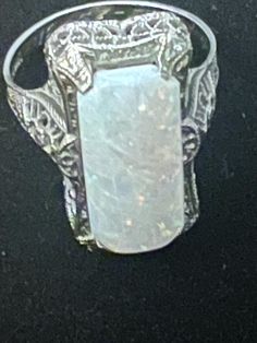 0.75x0.3 inches across stone Victorian white gold filigree 14K Signed A & S White opal doublet fire type Size 5 Opal Wedding Ring, Opal Wedding, Fire Opal Ring, Gold Filigree, Opal Ring, White Opal, Opal Rings, Fire Opal, Rings Statement