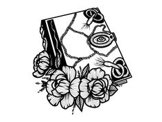 a black and white drawing of an open book with flowers on the front, surrounded by eyeballs