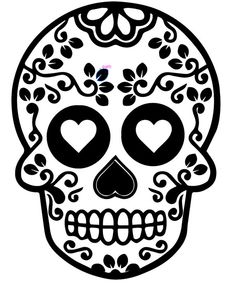 a black and white drawing of a skull with hearts in its eyes, on a white background