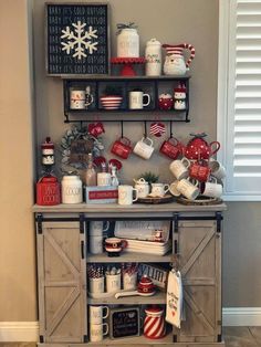 a shelf filled with mugs and other items