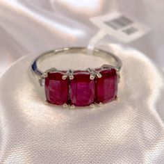 Genuine 3-Stone Niassa Ruby And Diamond Accent Ring. Set In Platinum Over .925 Sterling Silver. Tgw 4.35 Carats. Size 7. Comes New In Box For Safekeeping And Gift Giving. Nwt Diamond Accent Ring, Ruby Ring, Womens Jewelry Rings, Ring Set, Lady In Red, Platinum, Ruby, 925 Sterling Silver, Size 7