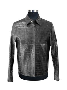 Men's Bespoke Black Alligator Jacket - Maison Kingsley Couture Spain Fitted Luxury Leather Jacket With Crocodile Pattern, Luxury Fitted Leather Jacket With Crocodile Pattern, Luxury Long Sleeve Leather Jacket With Crocodile Pattern, Luxury Long Sleeve Outerwear With Crocodile Pattern, American Alligator, Alligator Skin, Embroidered Initials, Monogram Initials, Alligator