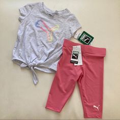 New 2 Pieces Size 24 Months Pink Stretch Leggings For Playtime, Playful Pink Activewear For Spring, Sporty Spring Playtime Bottoms, Sporty Spring Bottoms For Playtime, Spring Stretch Activewear For Play, Stretch Activewear For Spring, Pink Cotton Activewear For Playwear, Sporty Playtime Sets For Spring, Playful Sports Sets For Spring