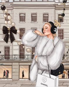 a drawing of a woman with headphones on holding a shopping bag in front of a chanel store