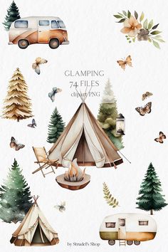 watercolor camping clipart set with camper, tent, trees and other items