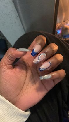 Blue Acrylic Nails Indigo Prom Nails, Fancy Navy Nails, Cobalt Blue Nails Acrylic, Dark Blue Nails With Silver Design, Formal Nails Navy Blue, Nail Ideas Blue And Silver, Navy Blue And Silver Nails Acrylic, Dark Blue And Silver Nail Designs, Semi Formal Nail Ideas