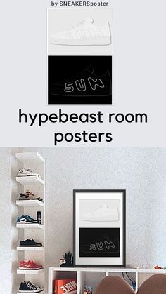 an advertisement for some type of poster in a room with white walls and flooring