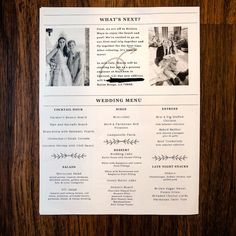 the wedding menu is displayed on a wooden table