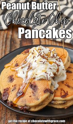 chocolate chip pancakes with whipped cream on top and syrup drizzled over them