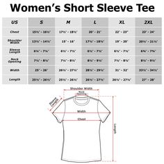 women's short sleeve tee shirt size chart with measurements for each t - shirt