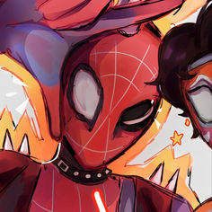 the spider - man and woman are standing next to each other in front of an orange background