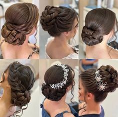 several pictures of different hairstyles and hair accessories for the bride to wear on her wedding day