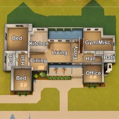 an overhead view of a floor plan for a house with several rooms, including kitchen and living areas