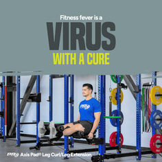 a man sitting on a bench in front of a gym equipment rack with the words, fitness fever is a vrus with a core