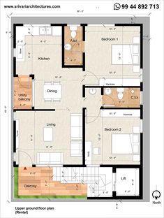 the floor plan for a two bedroom apartment with an attached bathroom, living room and dining area