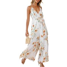 White Floral Print High Split Jumpsuit Elegant Floral Print Jumpsuits And Rompers For Brunch, Elegant Floral Print Jumpsuit For Brunch, White Printed V-neck Jumpsuits And Rompers, Spring V-neck Printed Jumpsuits And Rompers, Elegant Floral Print Jumpsuits And Rompers For Day Out, Chic Printed Jumpsuits And Rompers For Brunch, White Printed Jumpsuits And Rompers For Vacation, White Jumpsuits And Rompers For Spring Vacation, Elegant Floral Jumpsuits And Rompers For Spring