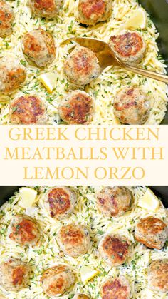 Ground chicken meatballs made with Greek spices and lemon orzo. Baked Sage Chicken Meatballs With Orzo, Lemon Orzo Meatball, Country Club Chicken, Easy Greek Chicken Meatballs With Lemon Orzo, Chicken Meatball Orzo Recipes, Dinner For 1 Ideas, Lemon Chicken Meatballs With Orzo, Orzo With Meatballs, Greek Meatballs And Orzo