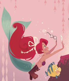 the little mermaid is swimming in the water with her hair blowing back and holding a pair of scissors