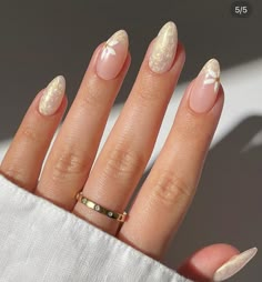 Vanilla Nails Aesthetic, Subtle Gel Nail Designs, Opal Nails Acrylic, Nail Art White And Gold, Gel Nails Ideas Short Summer Simple, Engagement Nails Almond, White And Gold Nails Simple, Bridesmaids Nail Ideas, Almond Bridal Nails