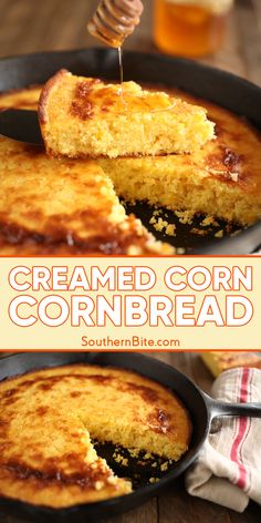 cornbread is being served in a cast iron skillet