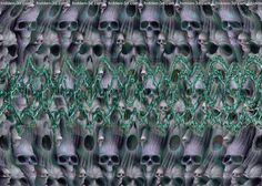 an abstract painting with skulls and chains on the bottom, in shades of blue and green