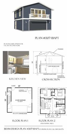 two story house plans with garage and living room on the second floor, one bedroom in the