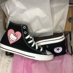 Brand New In The Box Never Worn Black All Star Converse Style Price Firm Black All Star Converse, Hello Kitty Converse, Shoes Hello Kitty, Hot Topic Shoes, Cute Converse Shoes, Hello Kitty Black, Cute Converse, Hello Kitty Shoes, All Star Converse