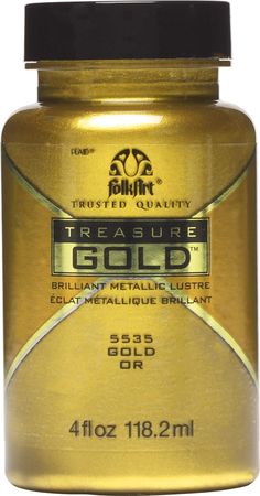 a bottle of gold metallic paint on a white background with the words, treasures gold