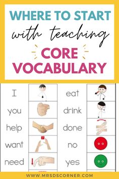 a poster with the words where to start with teaching core vocabulaary and pictures of