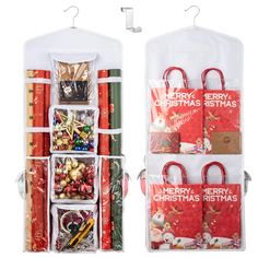 two storage racks with christmas wrapping and presents in them, one is hanging on the wall