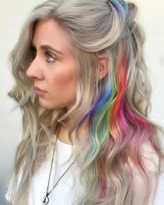 Trending Hair Dye, Rainbow Peekaboo Hair, Rainbow Hair Underneath, Rainbow Balayage, Rainbow Peekaboo, In Hair Colors, Hidden Rainbow Hair, Best Hair Colour, Goth Hairstyles