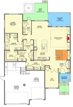 the floor plan for a home with two master suites and an open kitchen area on one side