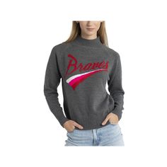 Put the focus on your Atlanta Braves spirit with this Serena pullover sweater from Lusso. Its charming Atlanta Braves graphics feature the team name knitted above a multicolor stripe design. Raglan sleeves provide ease of movement for more comfortable wearing.Put the focus on your Atlanta Braves spirit with this Serena pullover sweater from Lusso. Its charming Atlanta Braves graphics feature the team name knitted above a multicolor stripe design. Raglan sleeves provide ease of movement for more Sporty Fall Sweater With Graphic Print, Sporty Graphic Print Sweater For Winter, Sporty Graphic Print Sweater For Fall, Sporty Knit Tops For Winter, Sporty Long Sleeve Knit Sweater, Raglan Pullover, Team Name, Team Names, Atlanta Braves