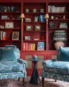 two blue chairs sitting in front of a book shelf