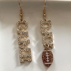 Super Cute For Football Games! “ Game Day” With Cz Diamonds And Bling Football Dangle Charm. Fashion Jewelry New! Nfl Jewelry, Football Jewelry, Givenchy Earrings, Football Earrings, Handmade Jewlery, Vintage Chanel Handbags, Jewelry Accessories Ideas, New Game, Accessories Ideas