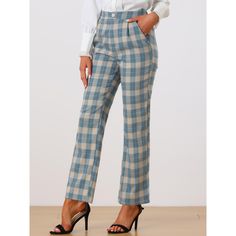 These pants are essential for dressing up or down. Lightweight fabric, covered in a plaid pattern, shapes these trendy trousers with a high-rise fit. How it is a bit high waist and how it gathers at the waist adding shape to the body. You may love everything about these trousers, from their regular fit to the elastic high-waist, which could double as a hiding mechanism for women with love handles. Style these trousers with a crop top and heels for the ultimate look. This fashionable and trendy c Casual Plaid Bottoms With Button Closure, Tailored Casual Plaid Pants, Tailored Plaid Casual Bottoms, Plaid Bottoms With Pockets For Business Casual, Plaid Straight Pants For Office, Business Casual Plaid Cotton Bottoms, Plaid Cotton Bottoms For Business Casual, Casual Plaid Bottoms With Welt Pockets, Plaid Straight Leg Pants For Work