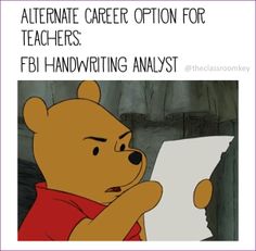 an animated winnie the pooh character holding up a piece of paper that says,'alternate career option for teachers fi