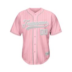 Custom Sublimation Pink Pinstripe Baseball Jersey Names and numbers are sublimated. No Minimum Order Free Shipping It will take 1-3 weeks to ship out If you would like to change the jersey's design, please contact us via the contact page or live chat. Features Made of Mesh Fabric: The jersey is 100% polyester mesh fabric. It is breathable and quickly dry. Sublimation Tracking Twill: All letters and numbers of the jersey are sublimated. Compared with traditional printed jerseys, it is durable and good-looking. For Daily Wear and Sports: The jersey weighs around 0.55 lb - 0.77 lb. You can wear it for daily, parties or sports. Authentic game-day accents and details Shorter, slimmer cut for an on-court look Size Chart Size Length Chest S 26.4'' 36.2'' M 27.2'' 39.4'' L 28'' 42.5'' XL 28.7'' 45 Baseball Jersey With Contrast Stripes For Sports Events, Team-colored Baseball Jersey With Contrast Stripes, Team-colored Baseball Jersey With Contrast Stripes For Sports Events, Collegiate Three Stripes Baseball Jersey For Sports Events, Pink Jersey With Team Logo, Pink Team Logo Jersey, Varsity Jersey With Sublimation Print, Striped Baseball Jersey With Letter Print For Team Spirit, Pink Team Logo Jersey For Sports Season