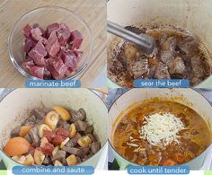 four pictures showing the steps to make beef stew