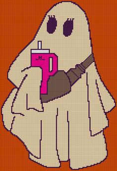 a cross stitch pattern with a ghost holding a drink