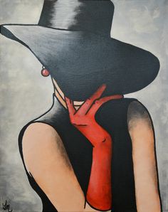 a painting of a woman wearing a black hat and red gloves with her hands on her face